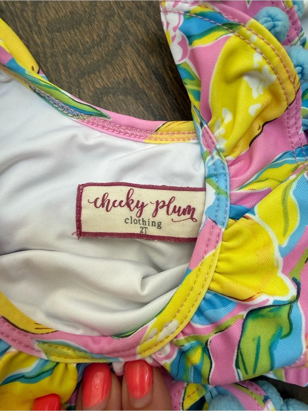 Cheeky Plum Girls Pom-Pom Floral Two-Piece Swim Set in Pink, Yellow & Blue